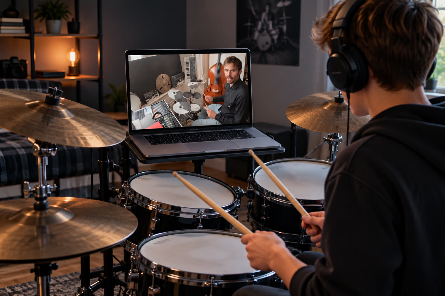 A student at their kit with Sam teaching on a laptop propped in front of them