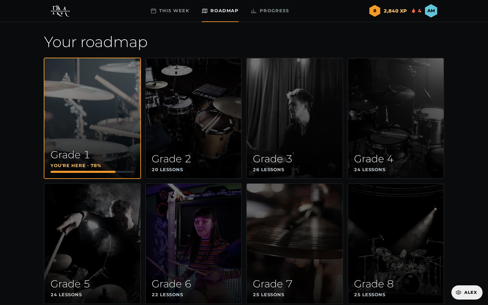 The roadmap screen in the Rhythm Mastery Method portal